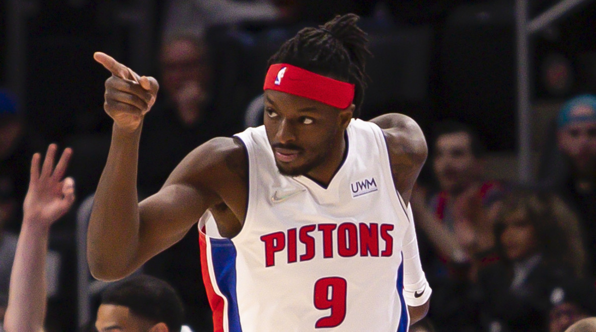Jerami Grant reacts after making a basket